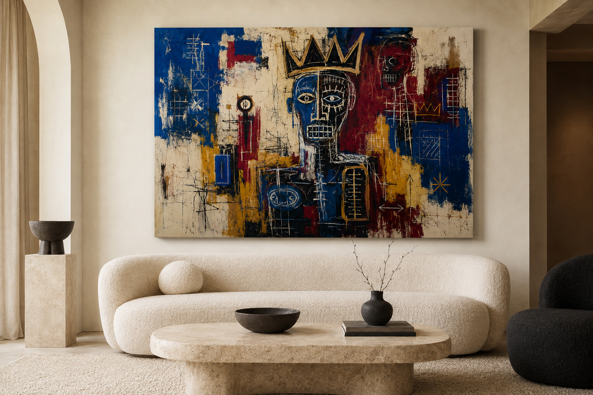Crowned Frequency canvas artwork displayed in a refined contemporary interior