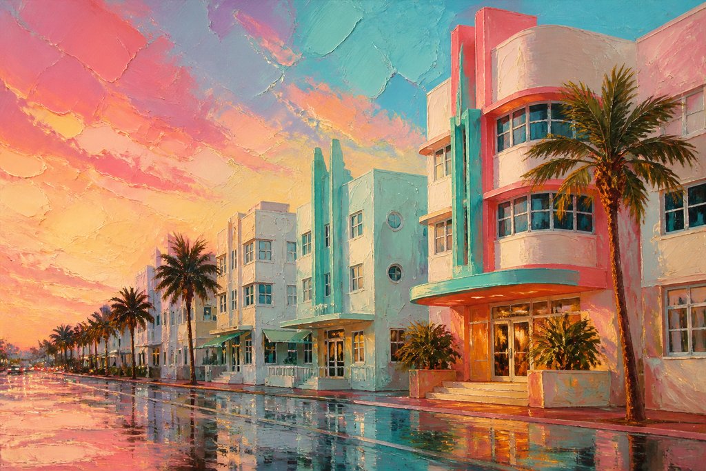 Miami Deco Dawn - Coastal Florida canvas artwork by Imagine Prints