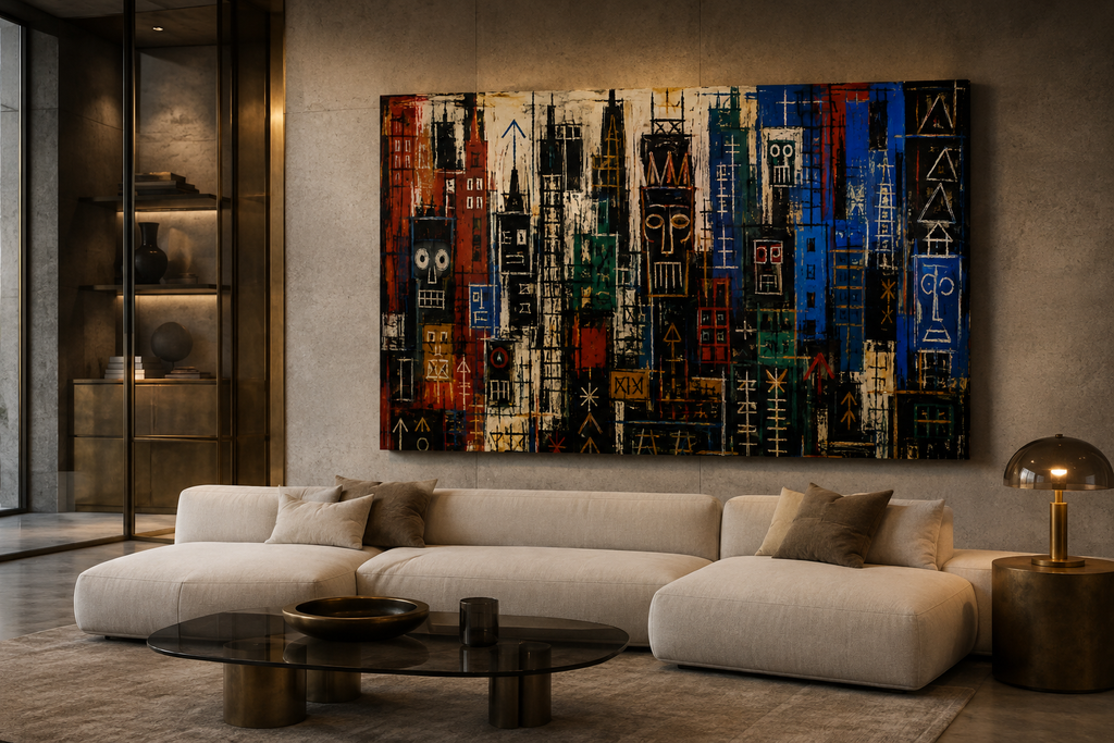 City of Symbols canvas artwork displayed in a refined contemporary interior
