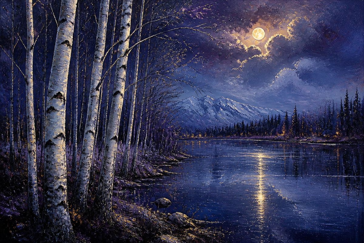 Moonlit Birches - Nature canvas artwork by Imagine Prints
