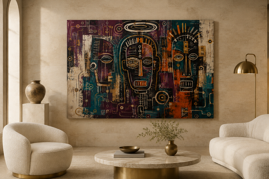 Ancestral Circuit canvas artwork displayed in a refined contemporary interior