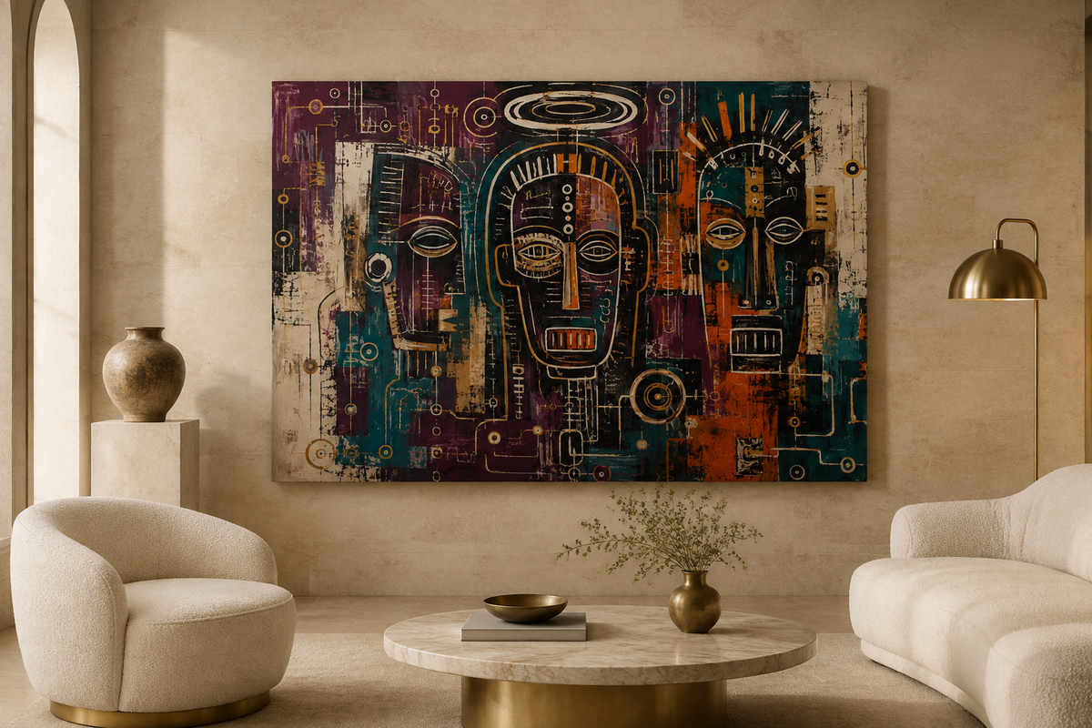 Ancestral Circuit canvas artwork displayed in a refined contemporary interior
