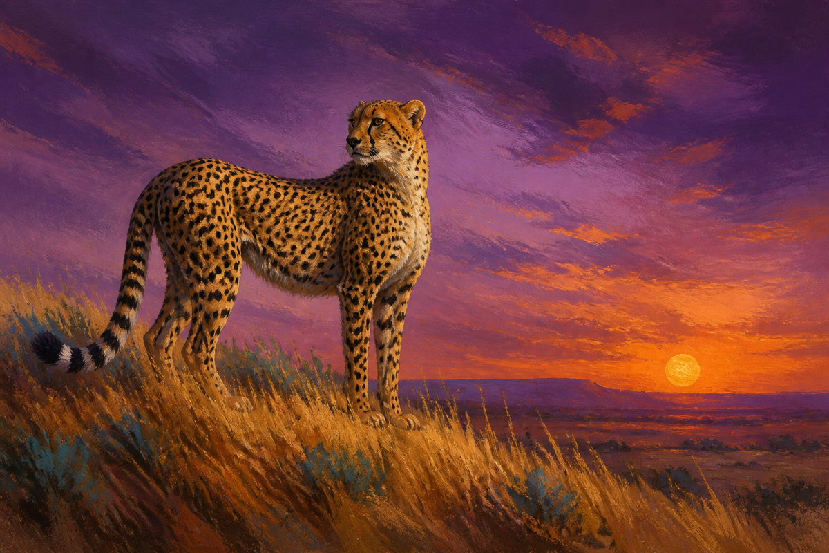 Cheetah Violet Sky - Animals canvas artwork by Imagine Prints