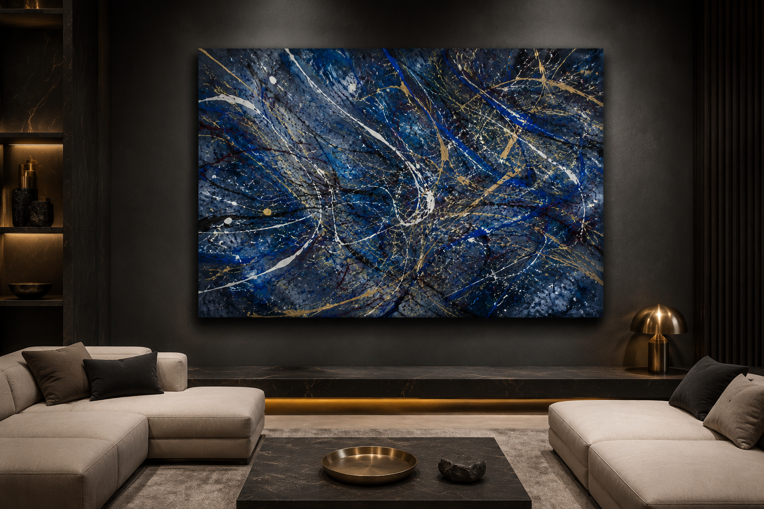 Velocity in Blue canvas artwork displayed in a refined contemporary interior