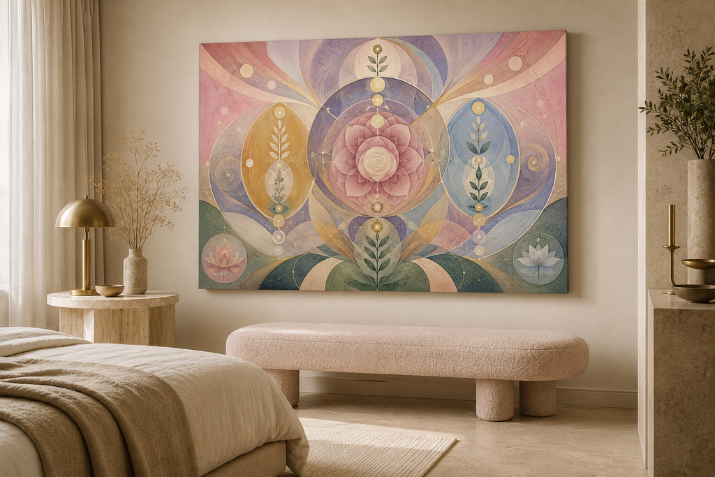 Sacred Bloom Diagram canvas artwork displayed in a refined contemporary interior