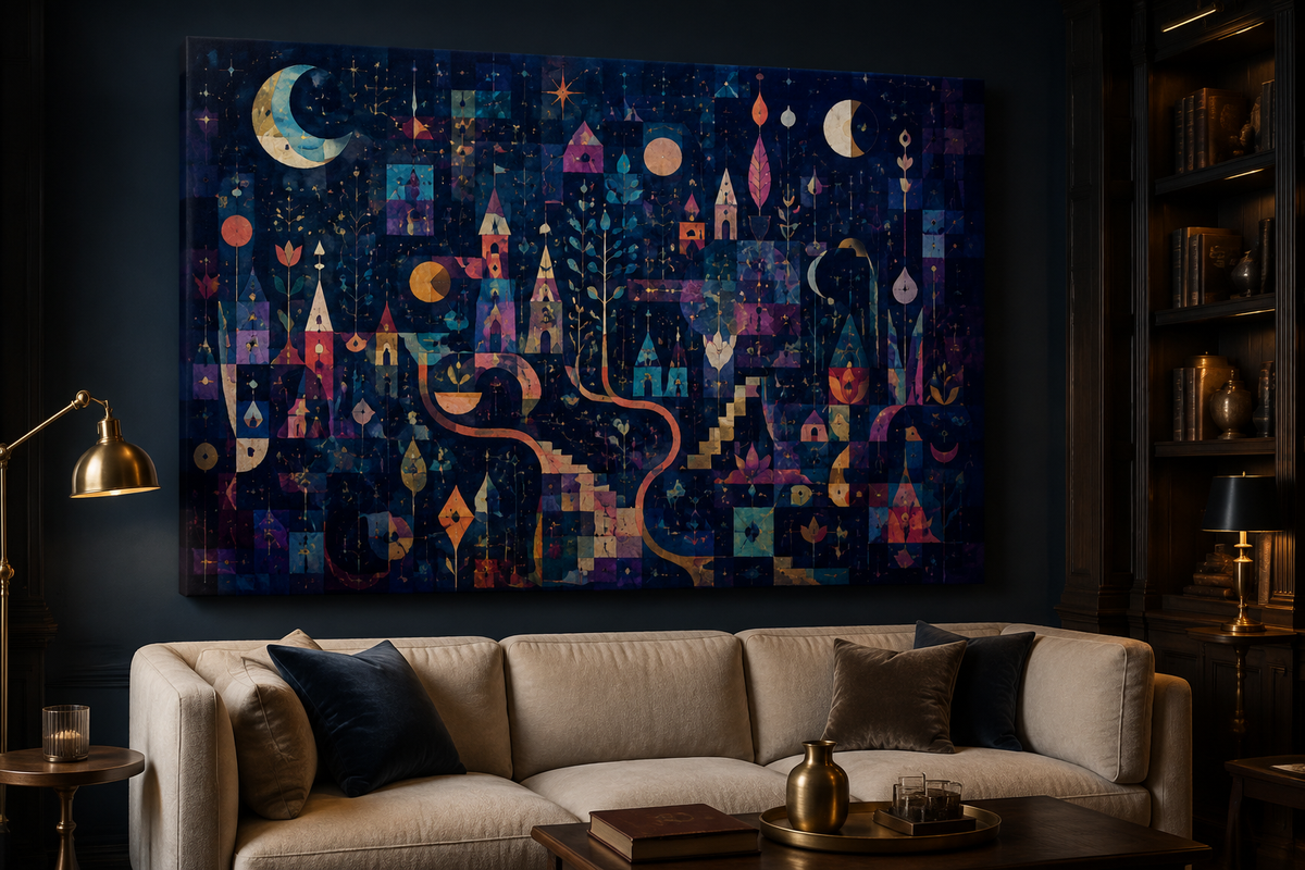 Night Garden Notation canvas artwork displayed in a refined contemporary interior