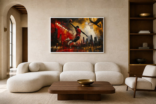 Air Above The City canvas artwork displayed in a luxury home interior