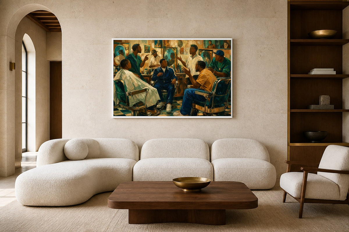 Barbershop Parliament canvas artwork displayed in a luxury home interior