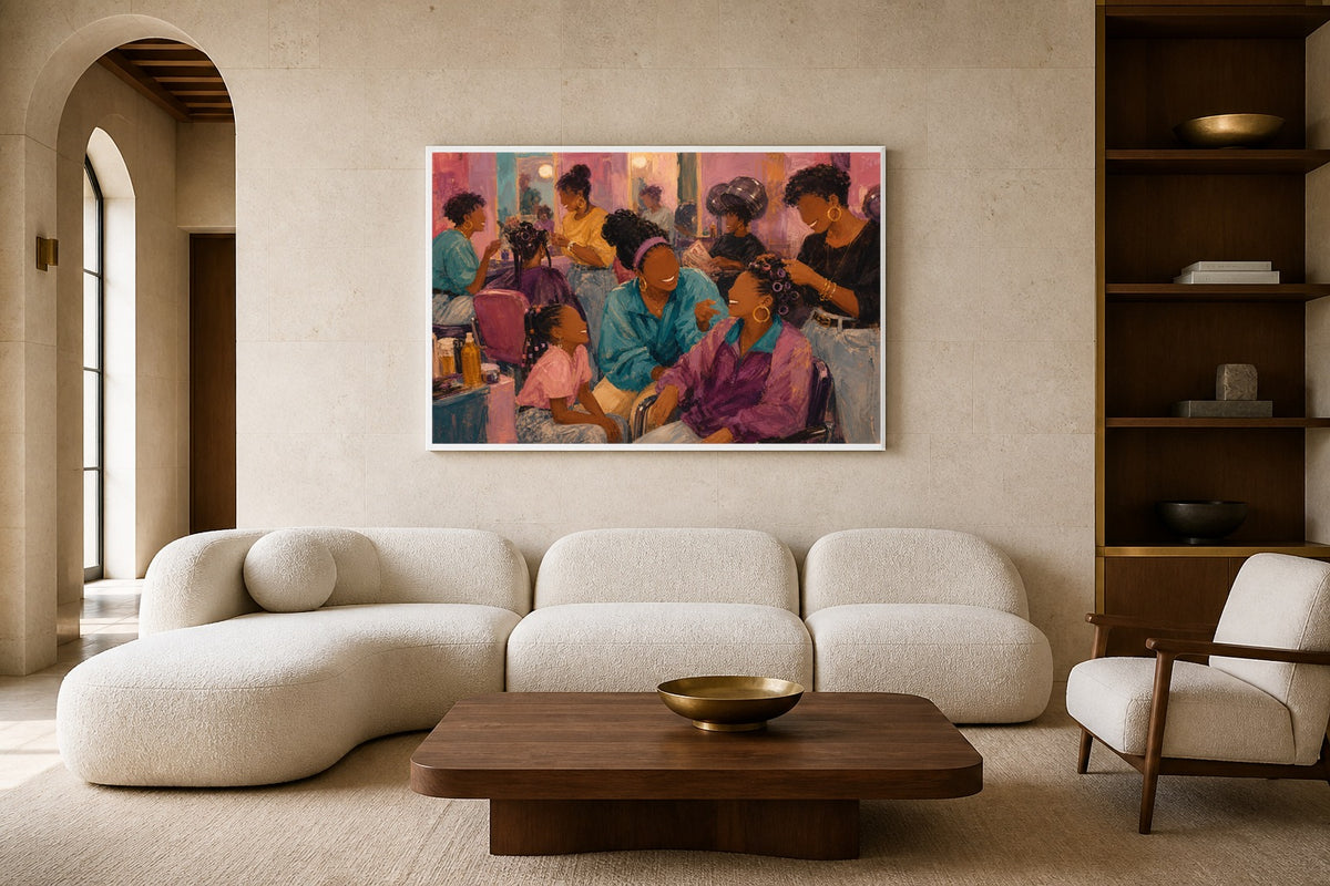 Beauty Shop Saturday canvas artwork displayed in a luxury home interior