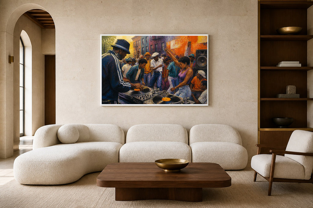 Block Party Genesis canvas artwork displayed in a luxury home interior