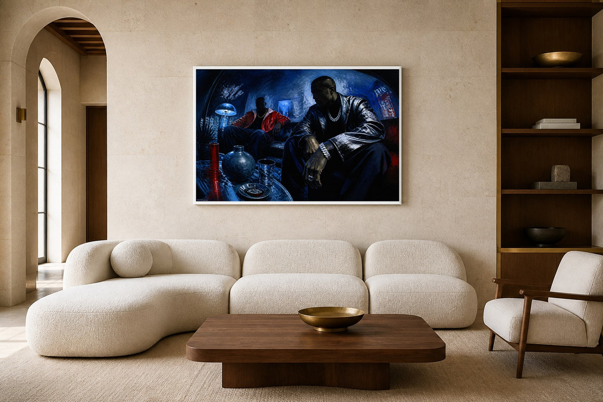 Blue Lit Noir canvas artwork displayed in a luxury home interior