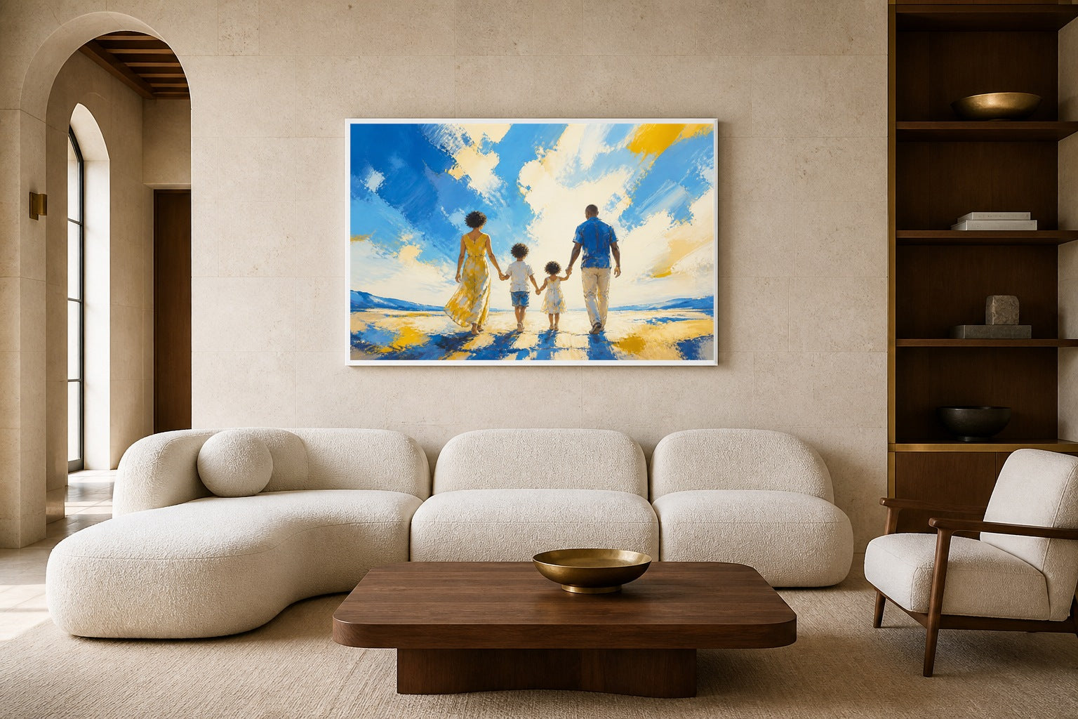 Blue Sky Belonging canvas artwork displayed in a luxury home interior