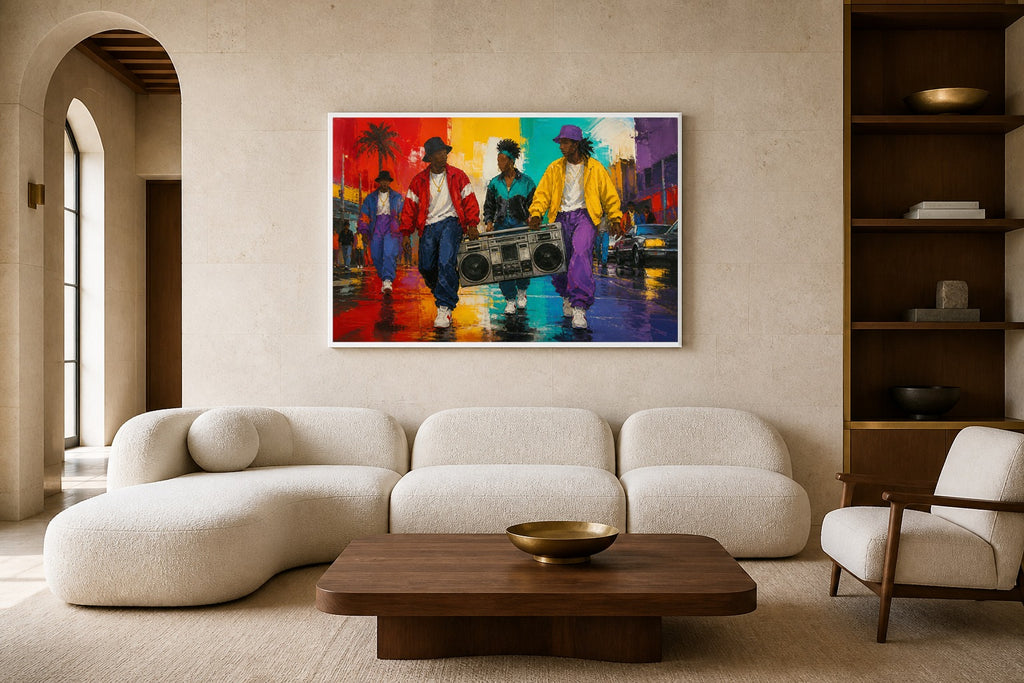 Boombox Boulevard canvas artwork displayed in a luxury home interior