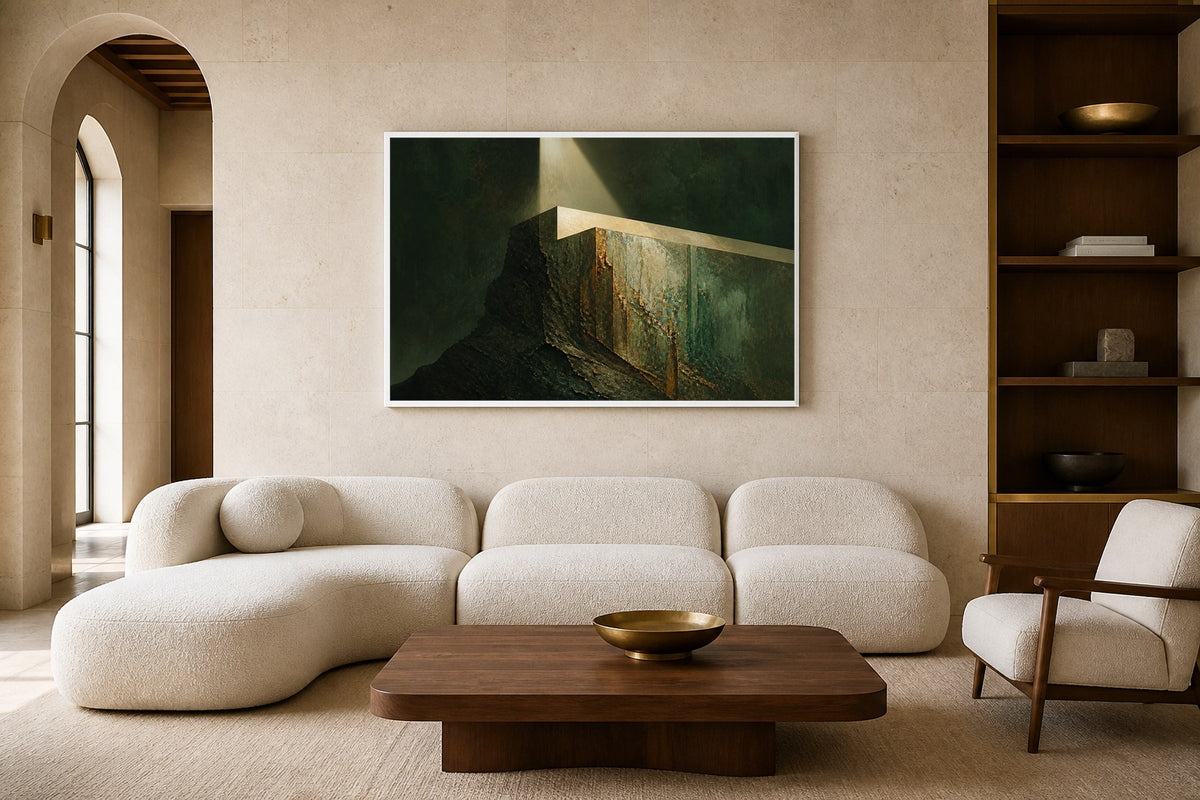 Built In The Dark canvas artwork displayed in a luxury home interior