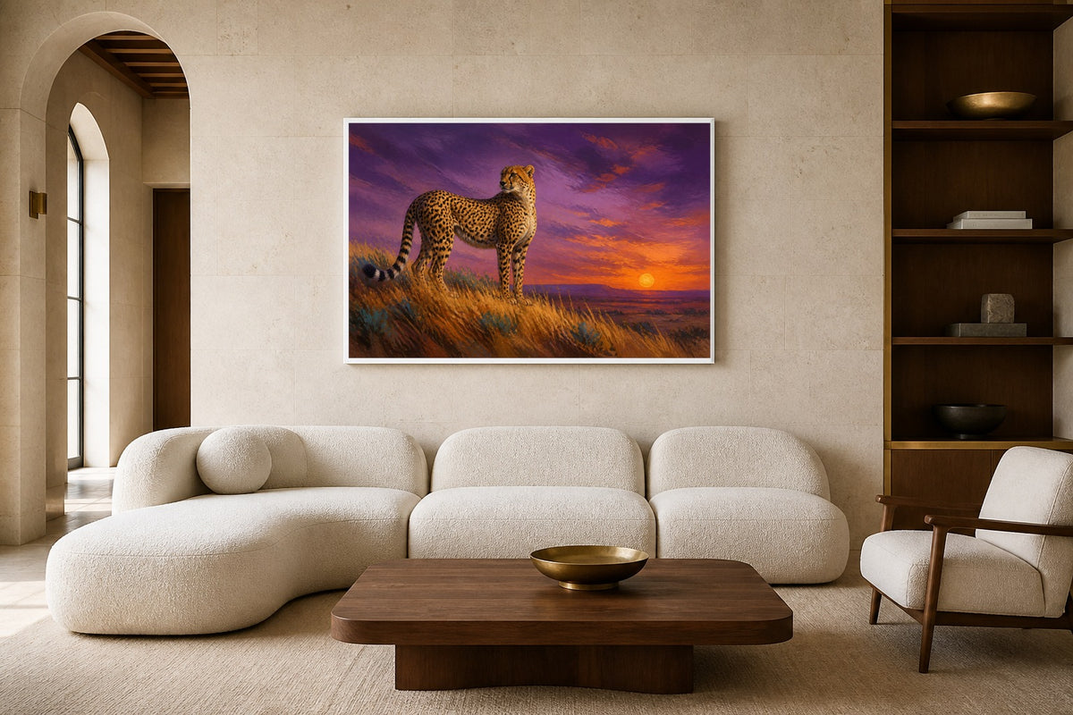 Cheetah Violet Sky canvas artwork displayed in a luxury home interior