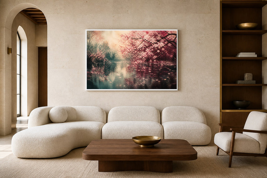 Cherry Blossom Rain canvas artwork displayed in a luxury home interior
