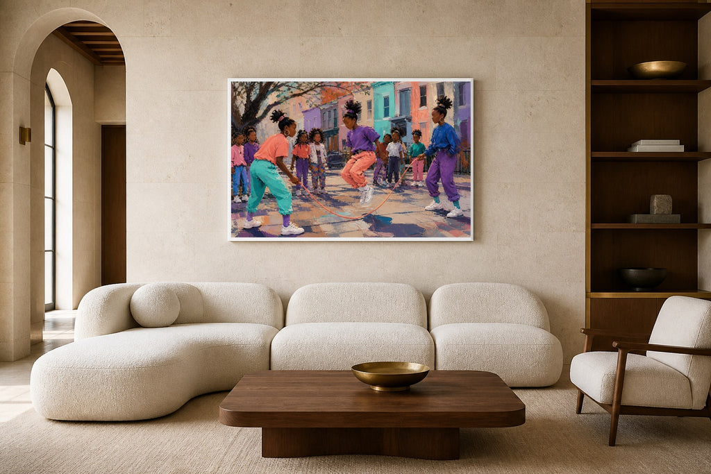 Double Dutch Rhythm canvas artwork displayed in a luxury home interior