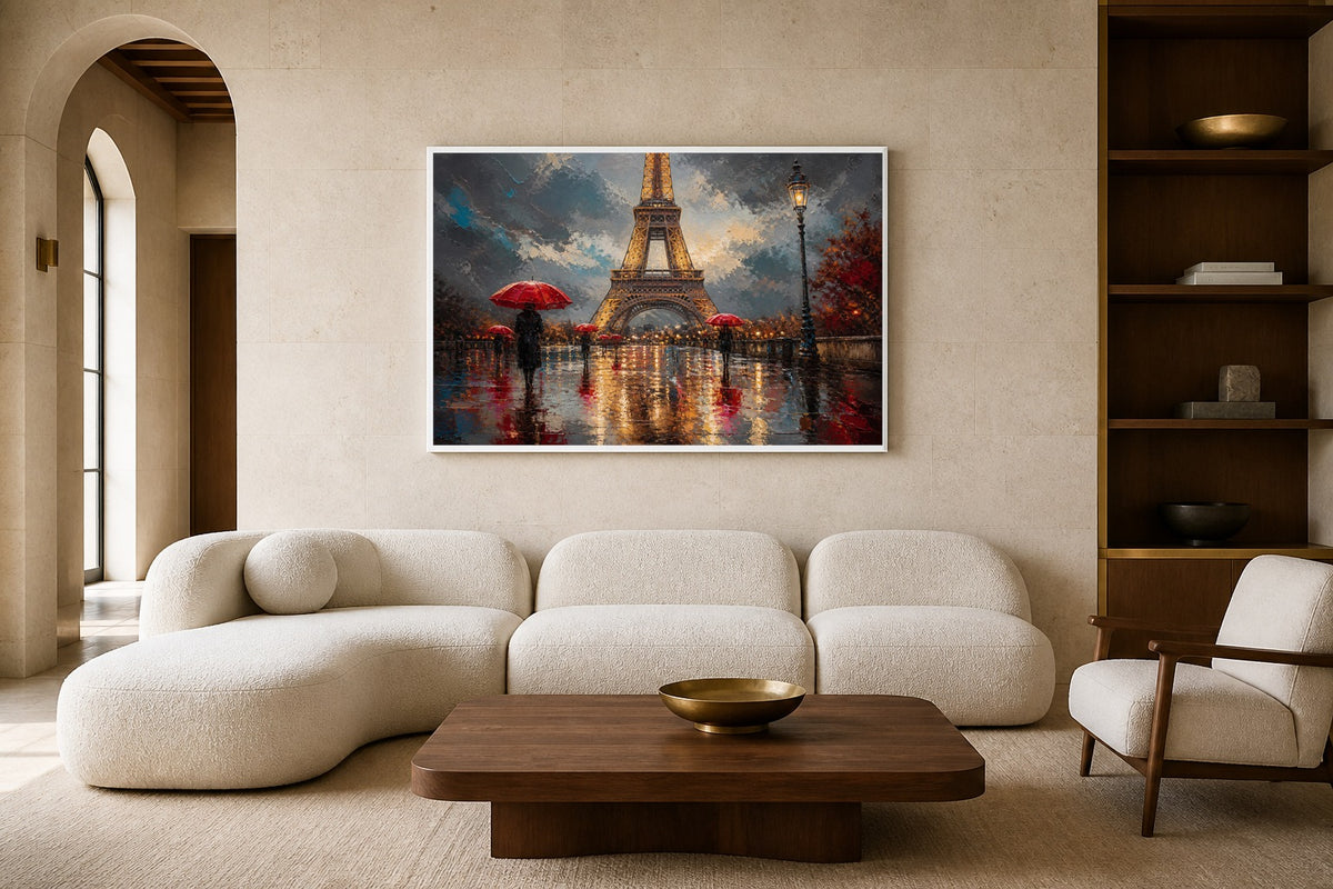 Eiffel After Rain canvas artwork displayed in a luxury home interior