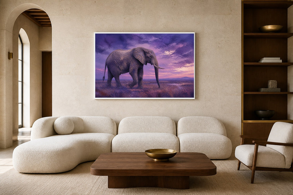 Elephant Violet Dusk canvas artwork displayed in a luxury home interior