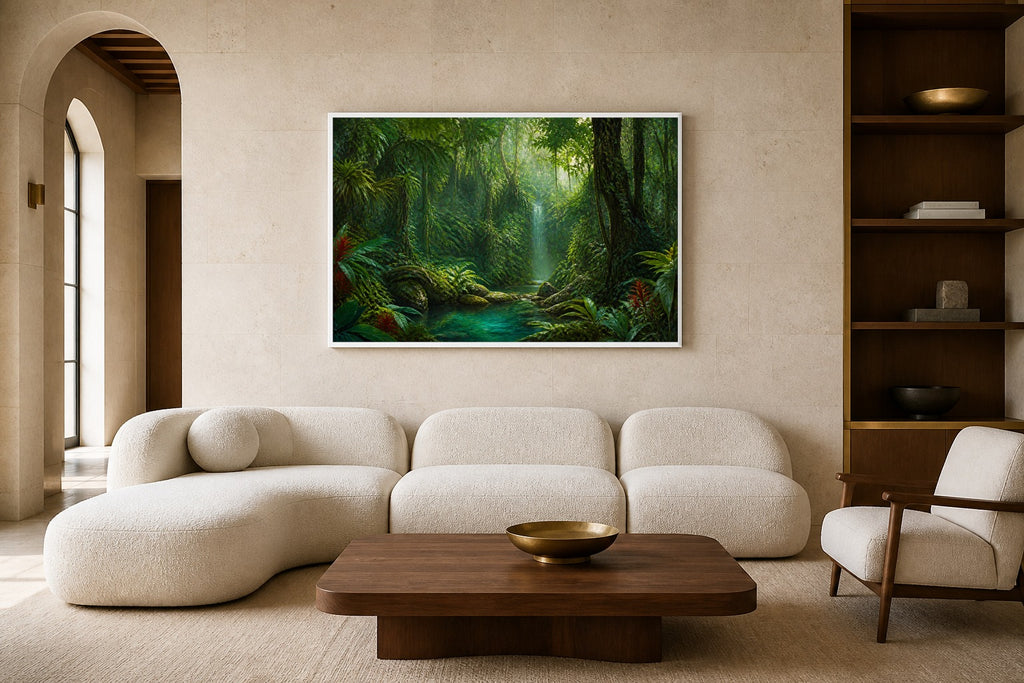Emerald Waterfall canvas artwork displayed in a luxury home interior