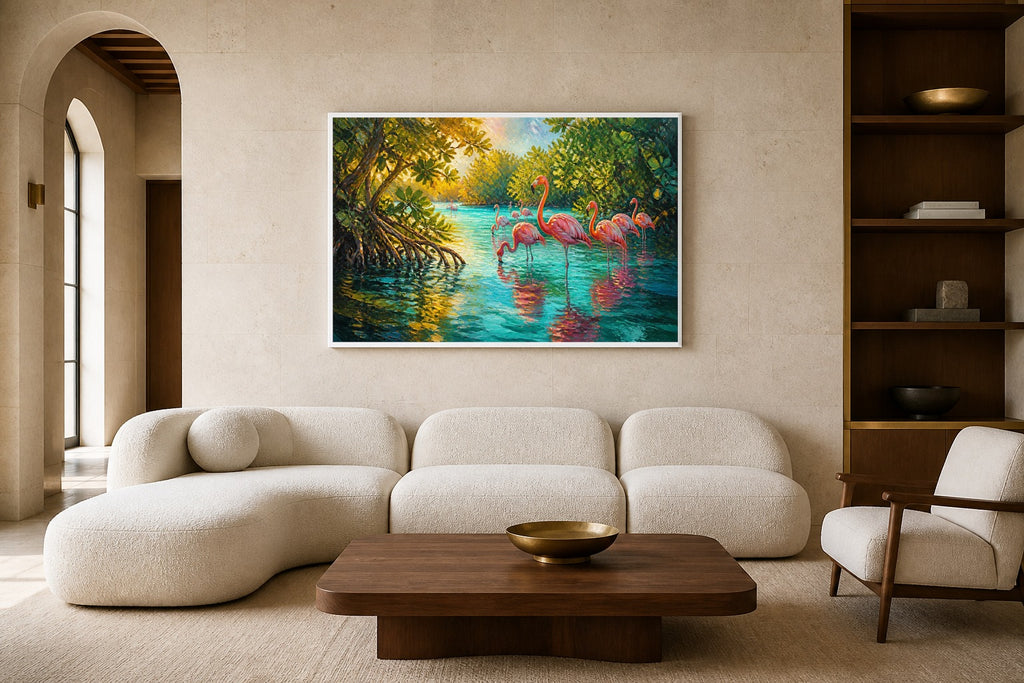 Flamingo Mangrove Lagoon canvas artwork displayed in a luxury home interior