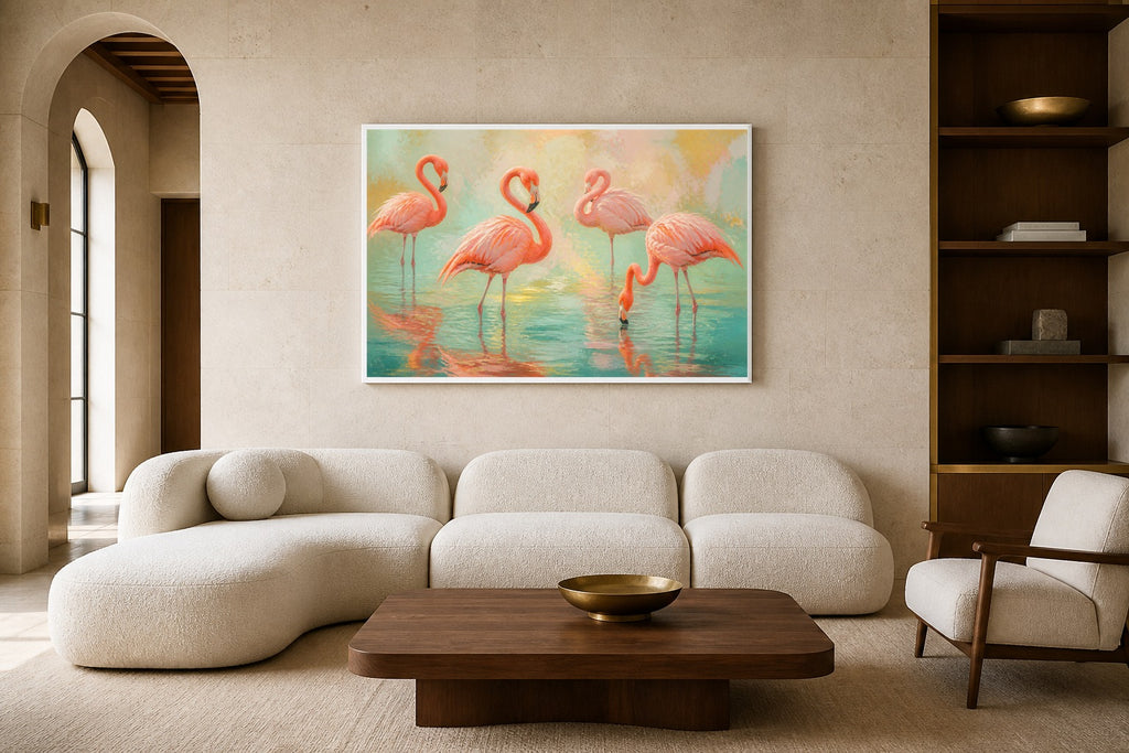 Flamingo Reverie canvas artwork displayed in a luxury home interior