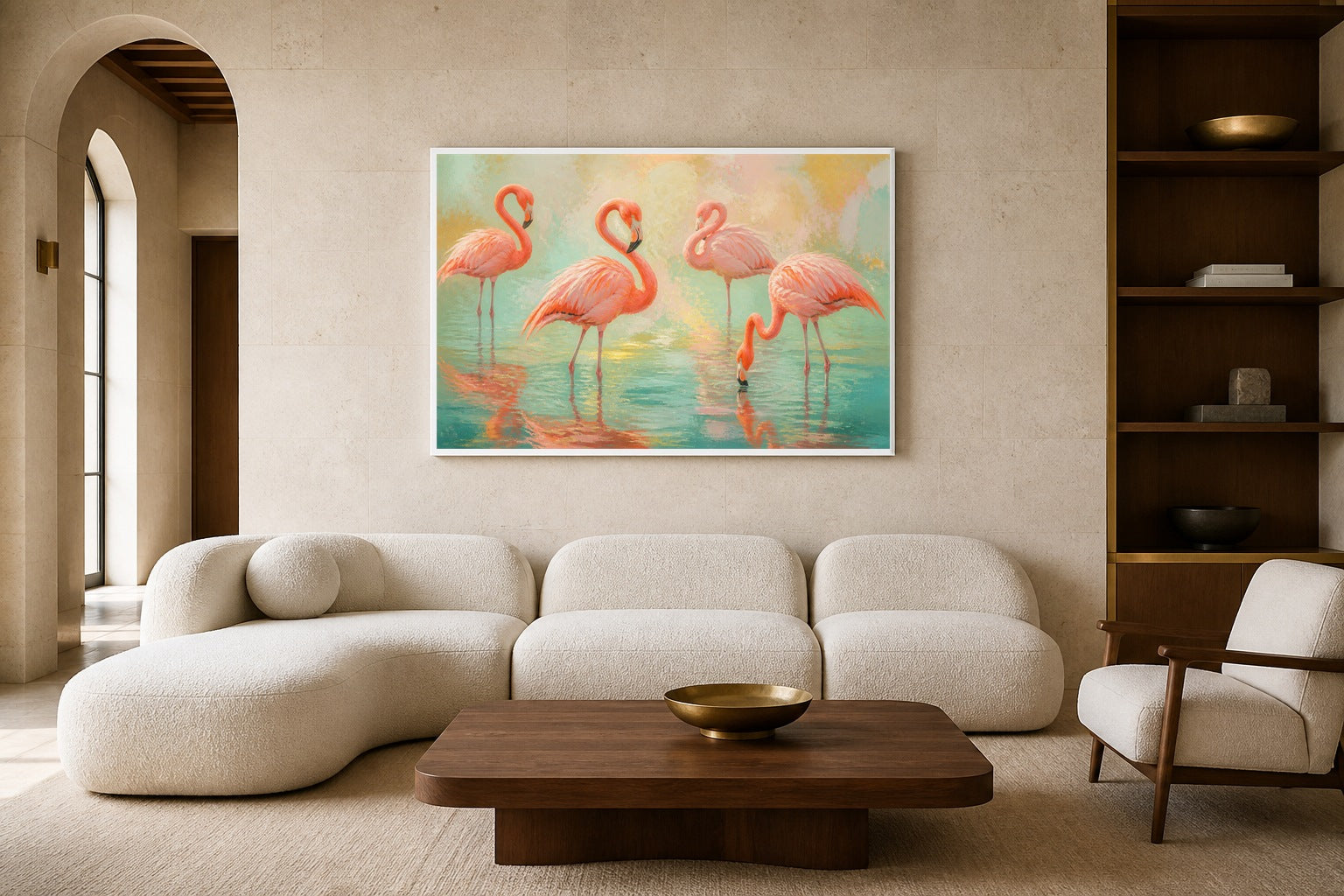 Flamingo Reverie canvas artwork displayed in a luxury home interior