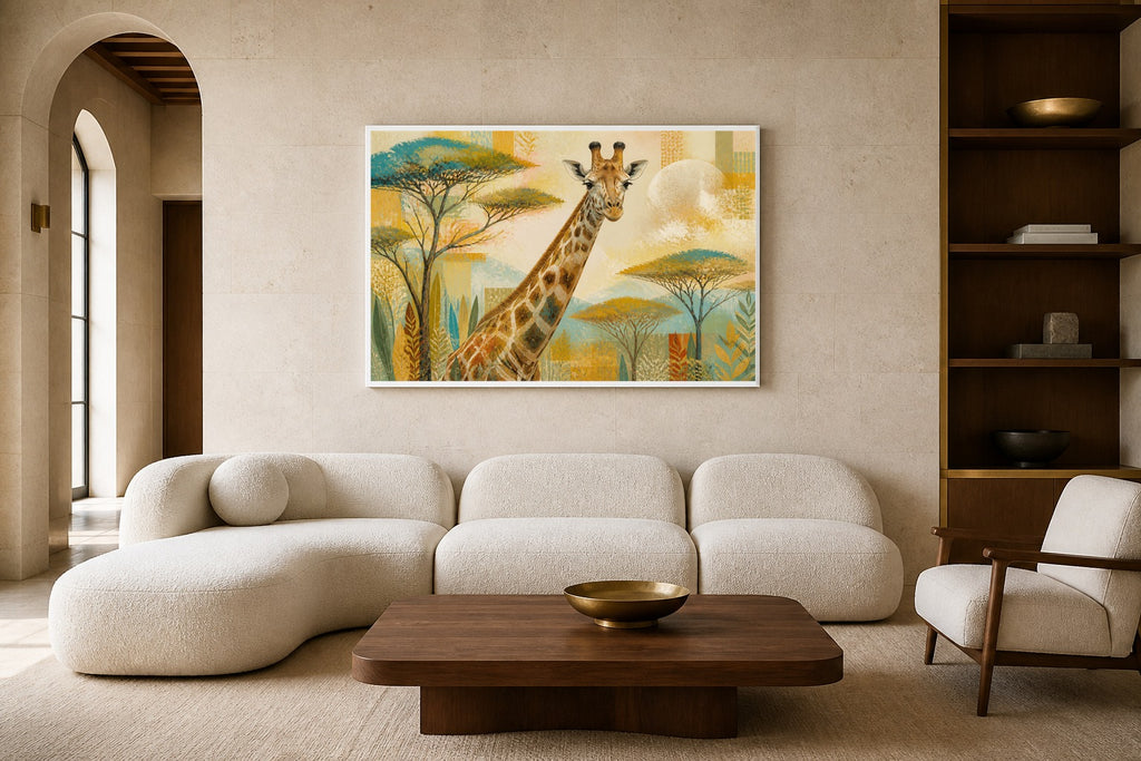 Giraffe Garden canvas artwork displayed in a luxury home interior