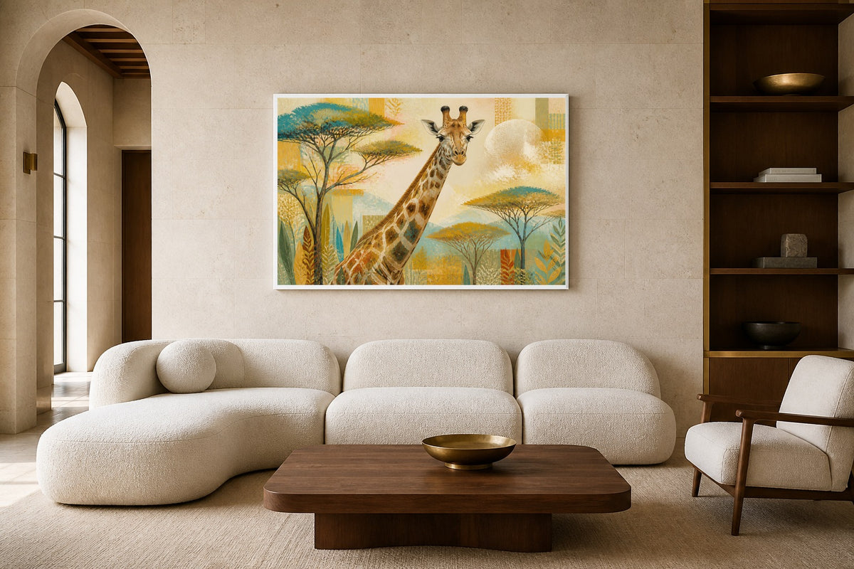 Giraffe Garden canvas artwork displayed in a luxury home interior
