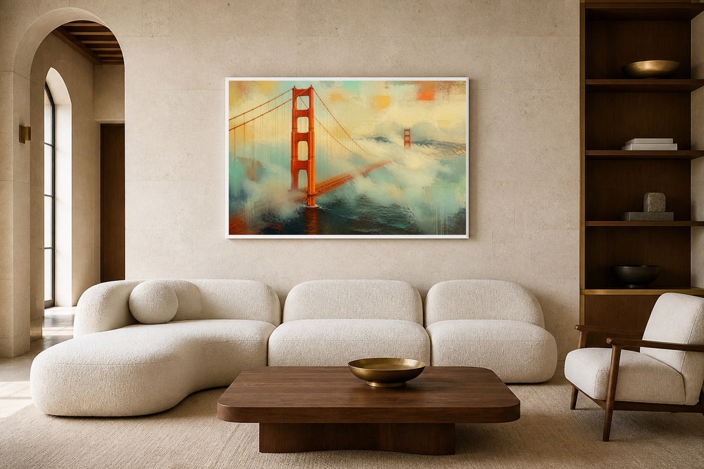 Golden Gate Fog canvas artwork displayed in a luxury home interior
