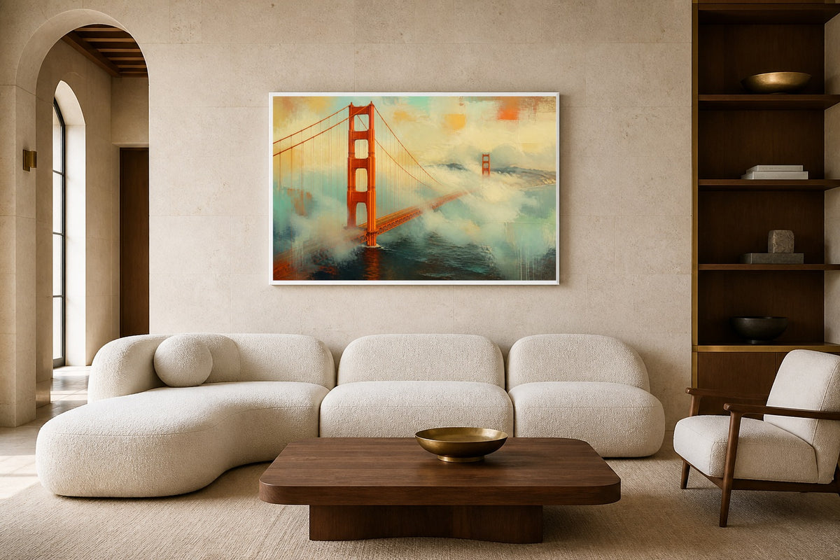 Golden Gate Fog canvas artwork displayed in a luxury home interior