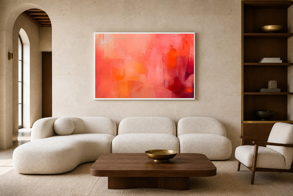 Held In Coral canvas artwork displayed in a luxury home interior
