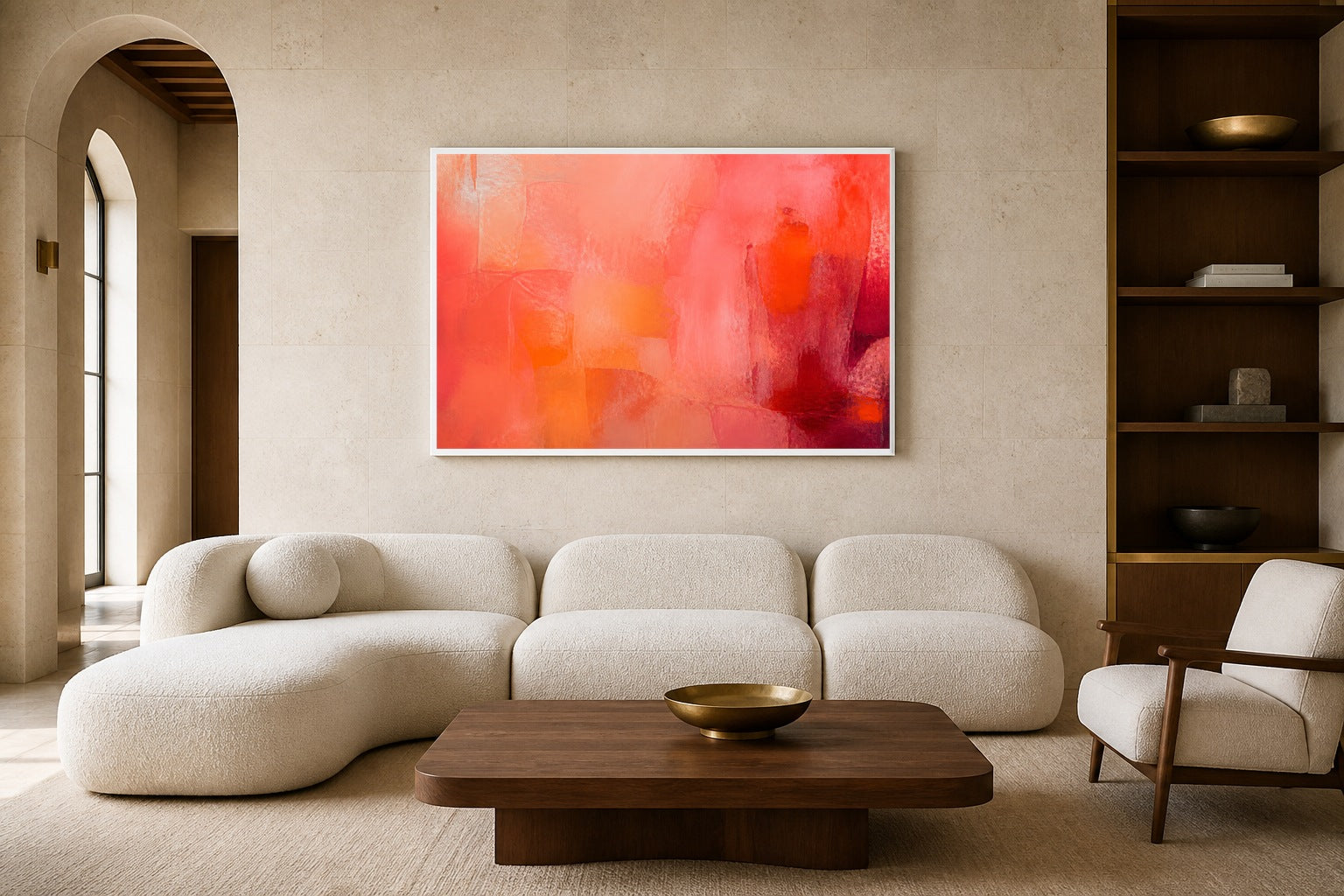 Held In Coral canvas artwork displayed in a luxury home interior