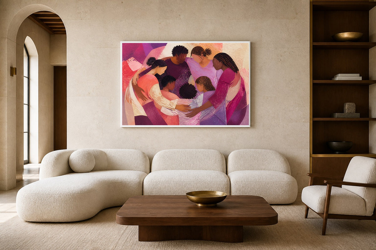 Home Is The Circle canvas artwork displayed in a luxury home interior