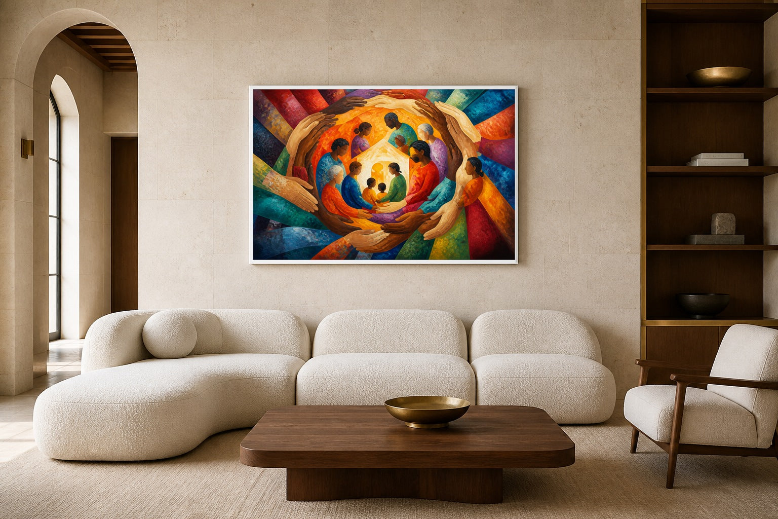 Many Hands One Home canvas artwork displayed in a luxury home interior