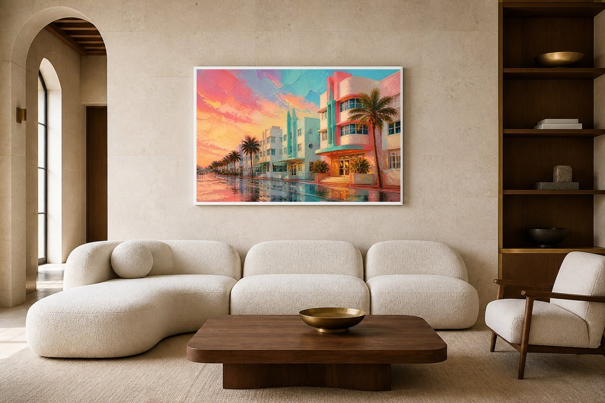 Miami Deco Dawn canvas artwork displayed in a luxury home interior