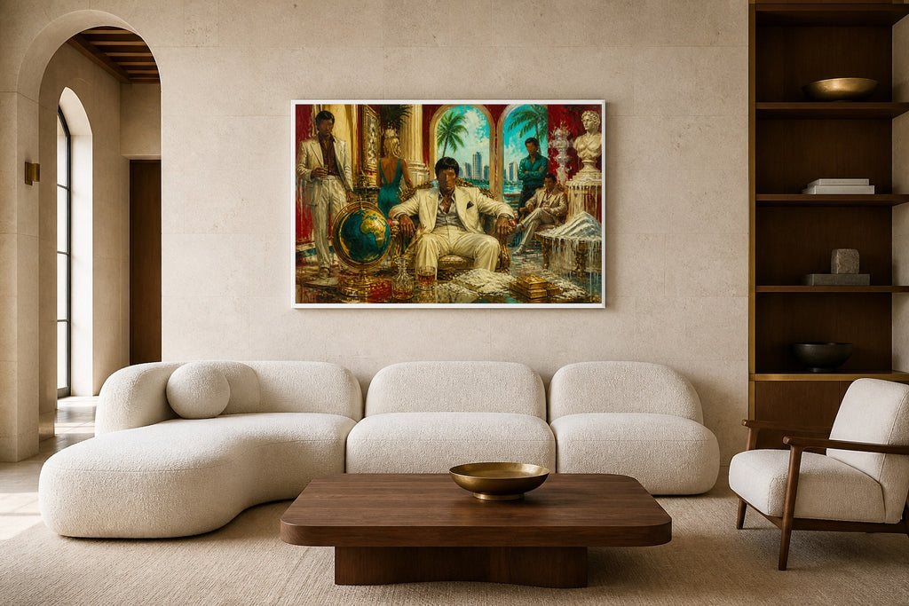 Miami Rise And Fall canvas artwork displayed in a luxury home interior