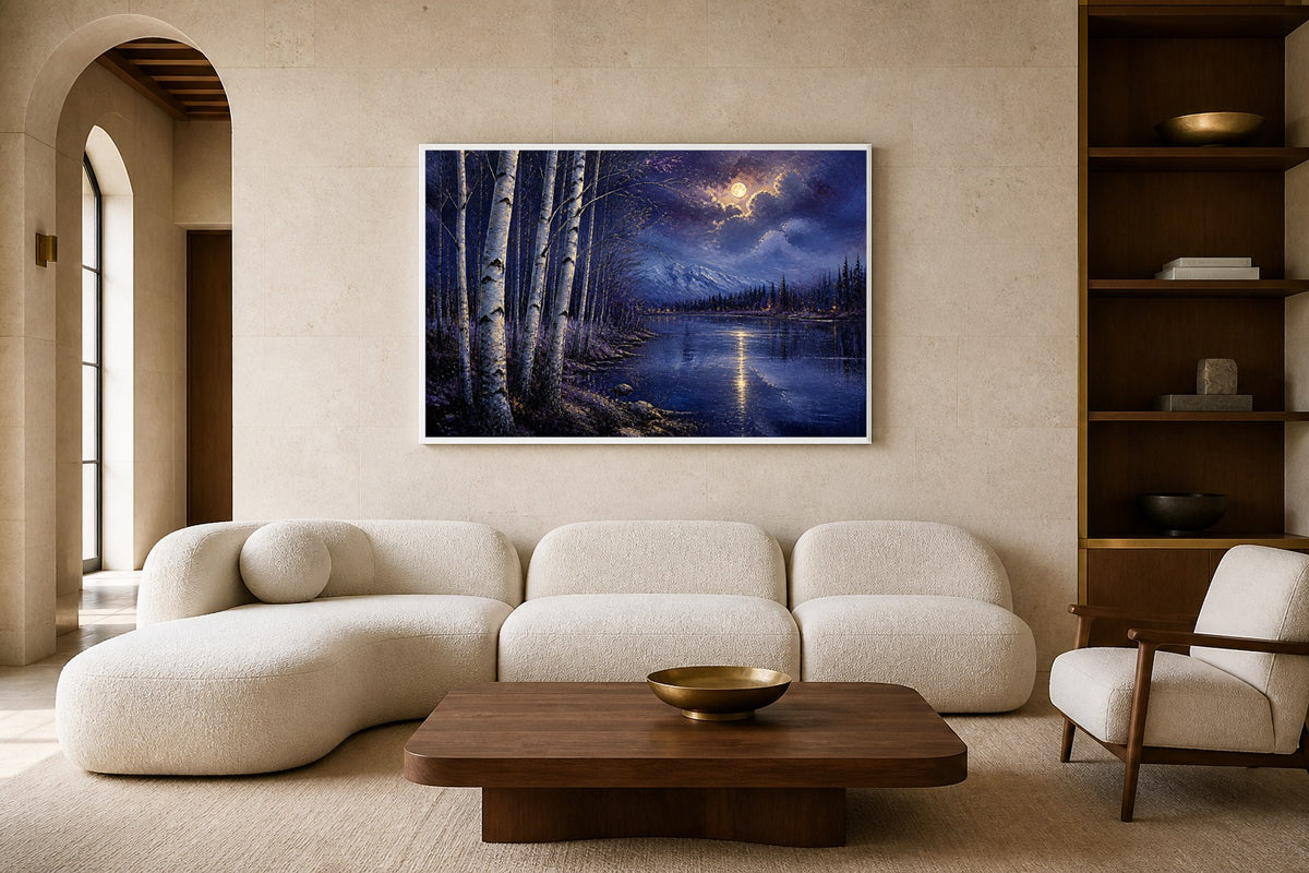 Moonlit Birches canvas artwork displayed in a luxury home interior