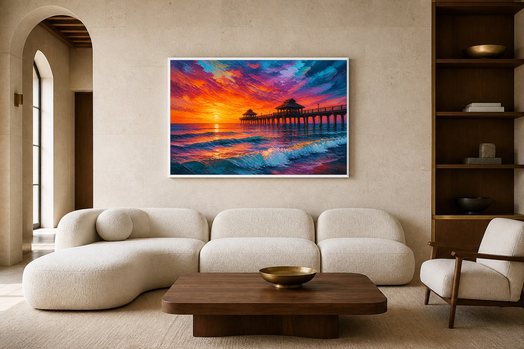 Naples Gulf Fire canvas artwork displayed in a luxury home interior