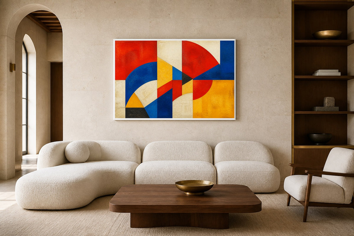 Primary Construction canvas artwork displayed in a luxury home interior