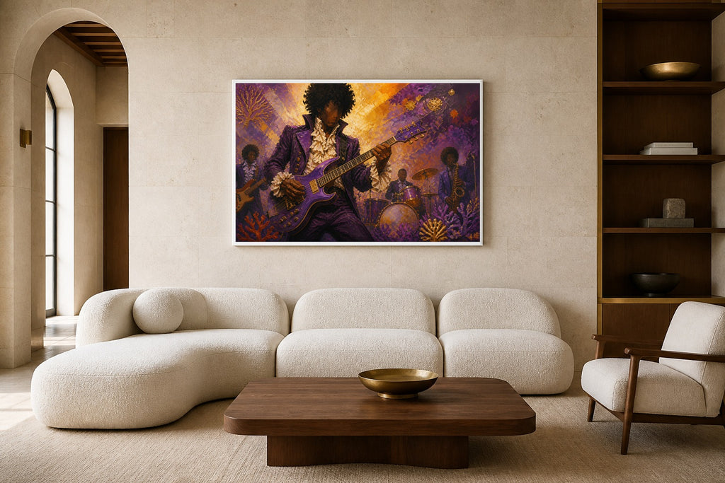Purple Electric canvas artwork displayed in a luxury home interior