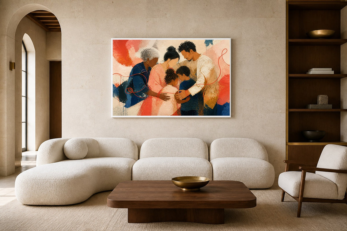 Red Thread canvas artwork displayed in a luxury home interior