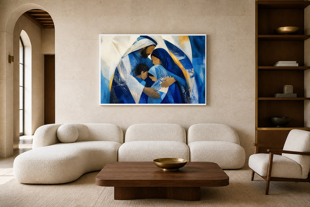 Shelter In Blue canvas artwork displayed in a luxury home interior
