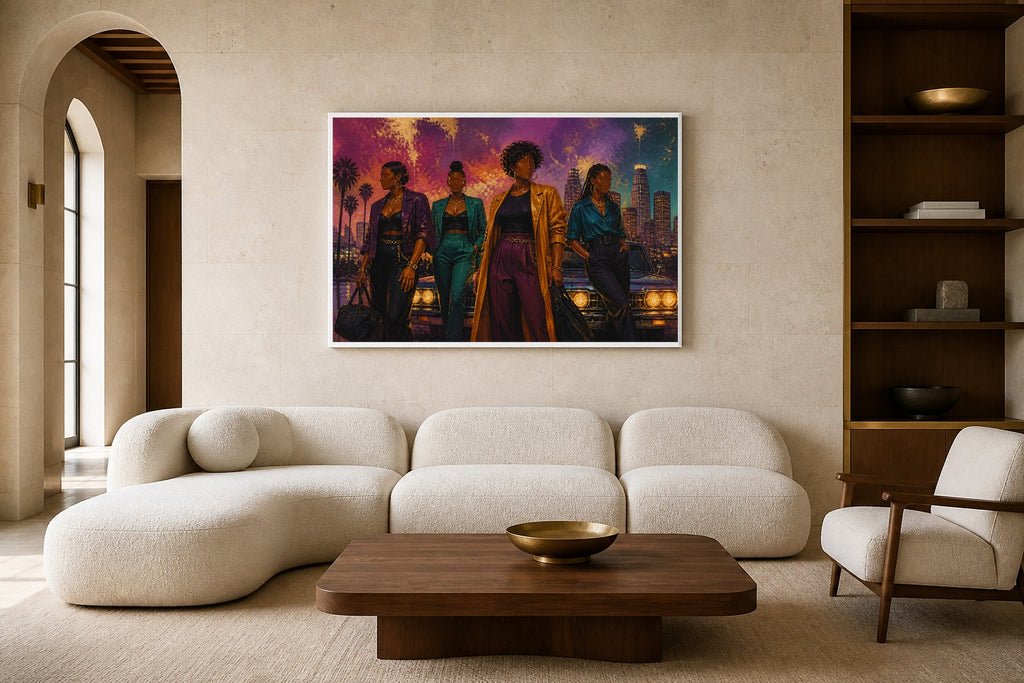 Sisterhood Getaway canvas artwork displayed in a luxury home interior