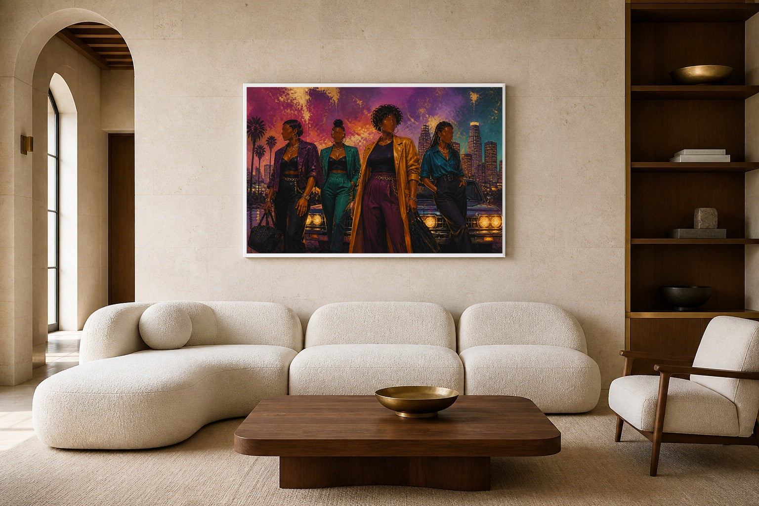 Sisterhood Getaway canvas artwork displayed in a luxury home interior