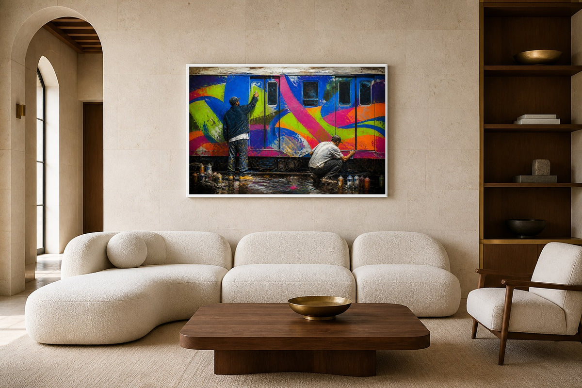 Subway Writers canvas artwork displayed in a luxury home interior