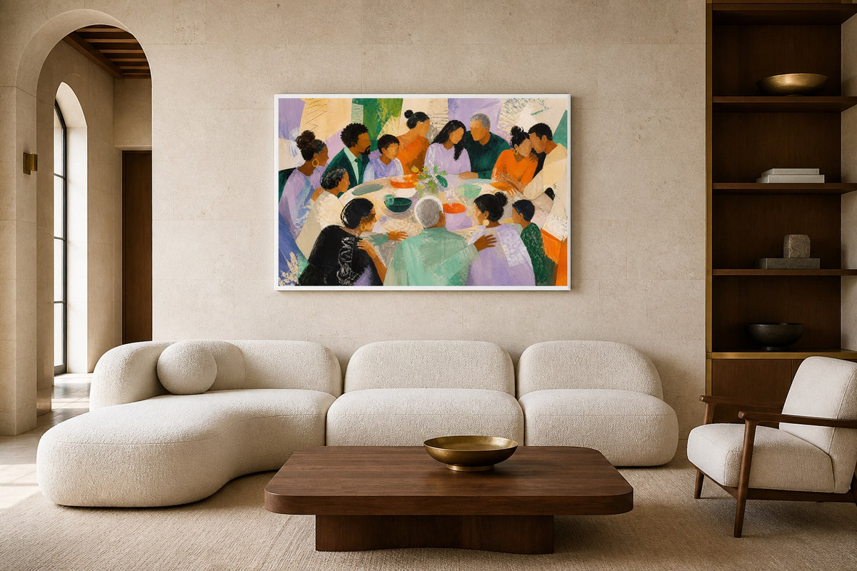 Sunday Table canvas artwork displayed in a luxury home interior