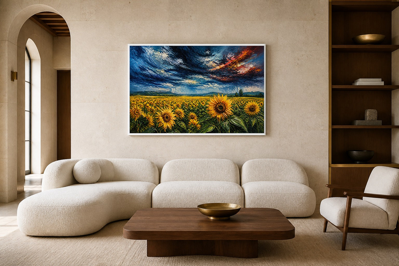 Sunflower Tempest canvas artwork displayed in a luxury home interior