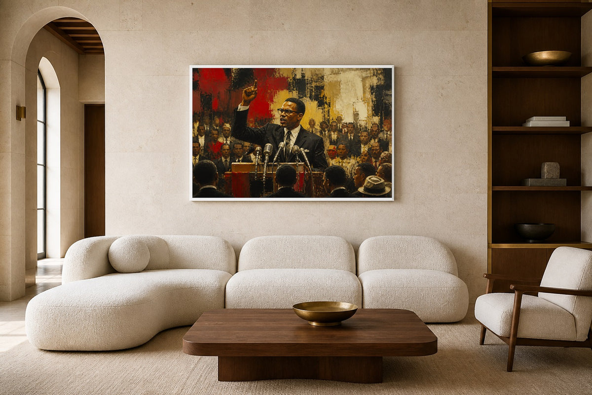 The Orator canvas artwork displayed in a luxury home interior