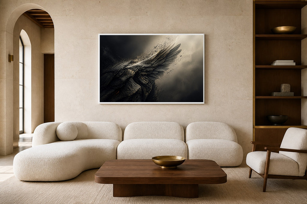 The Weight Becomes Wings canvas artwork displayed in a luxury home interior